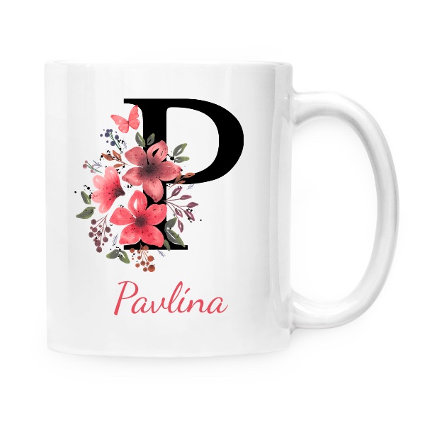 Hrnček malý biely s potlačou Květinové písmeno P s upravitelným jménem