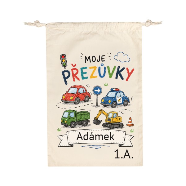 Bavlněný pytlík s potiskem Moje přezůvky autíčka